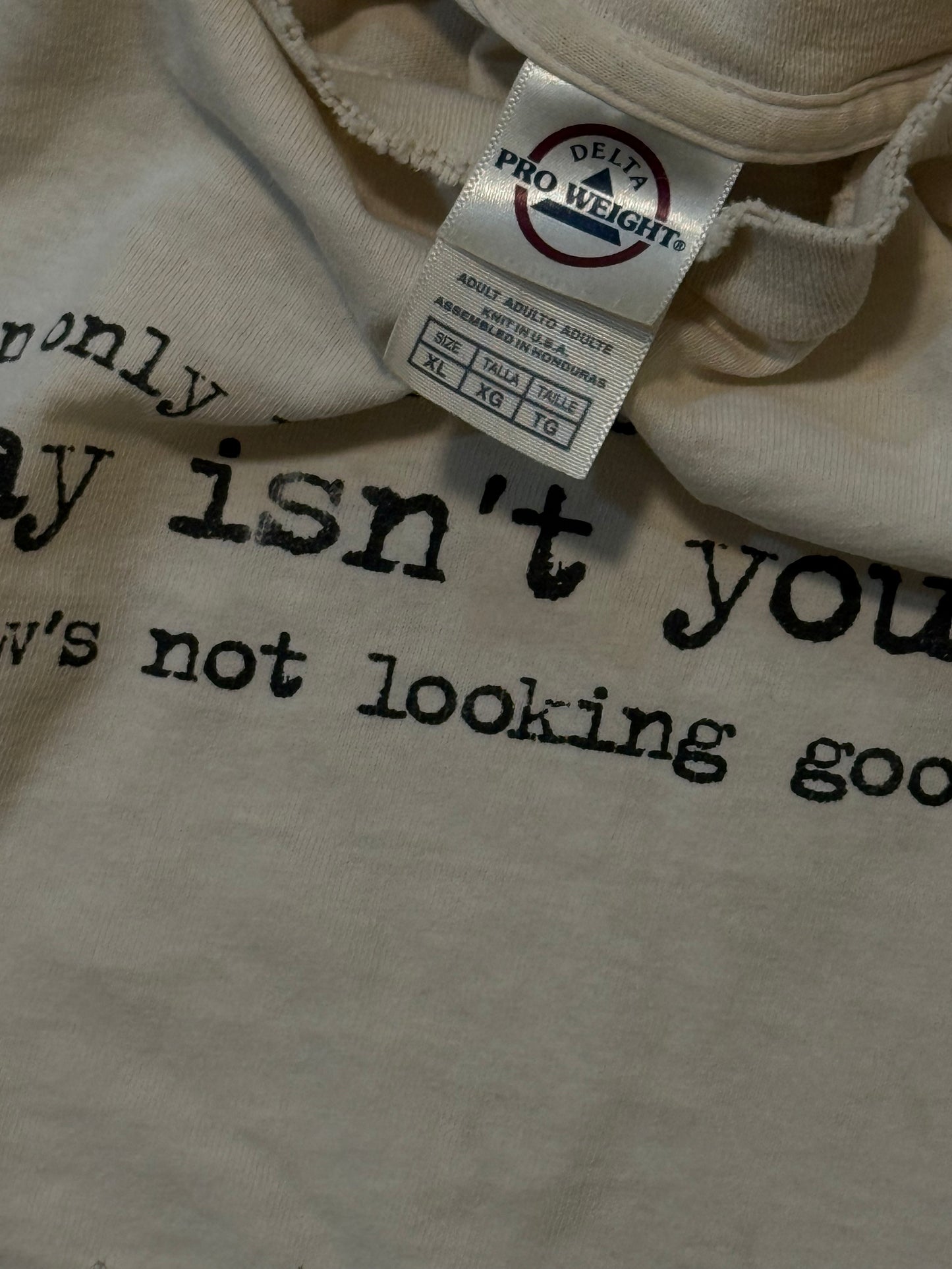2000s white Delta joke, humor grungy text. -XL