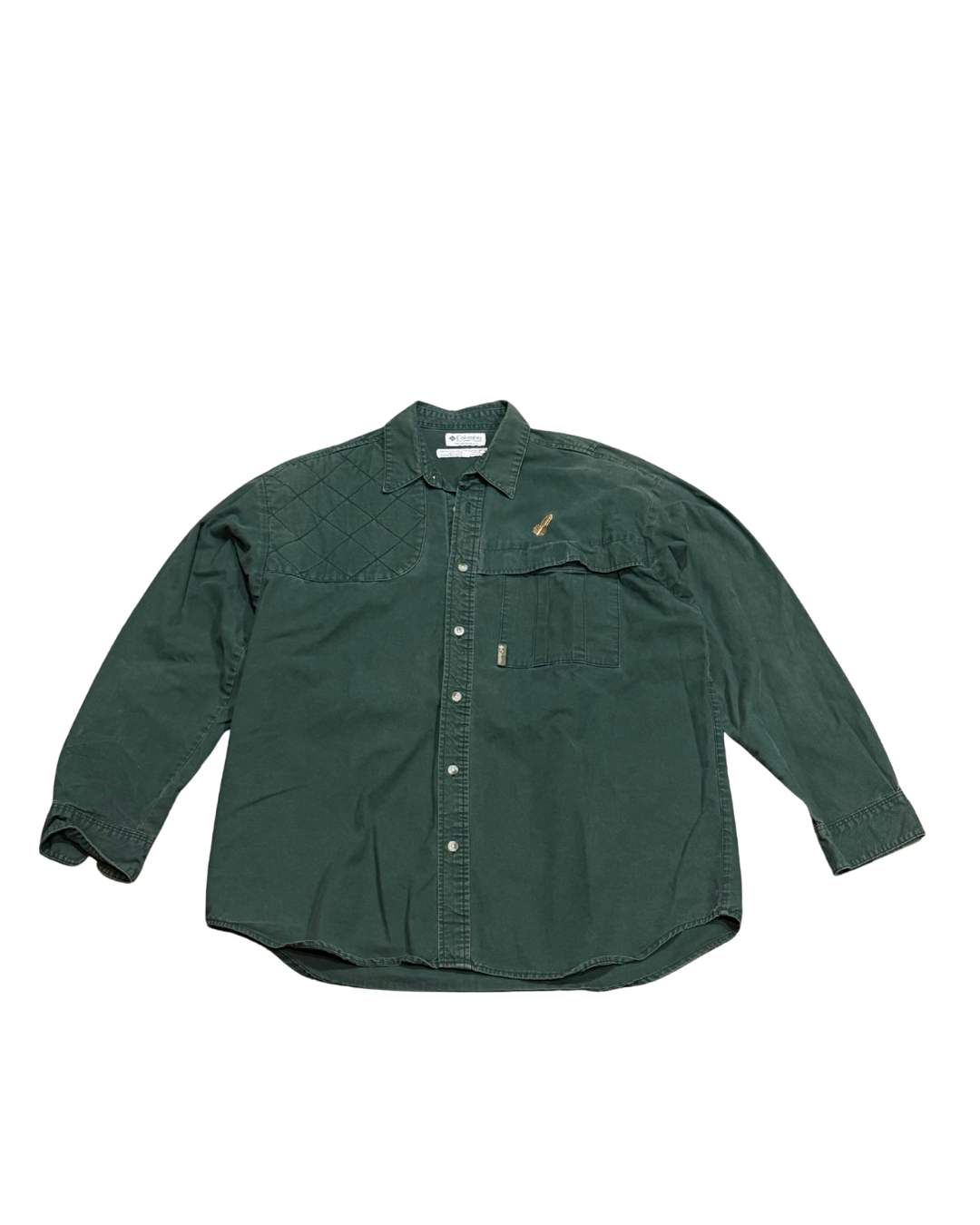 Vintage Columbia sportswear, hunting long sleeve quilted green shirt with small wheat embroidered. -XL