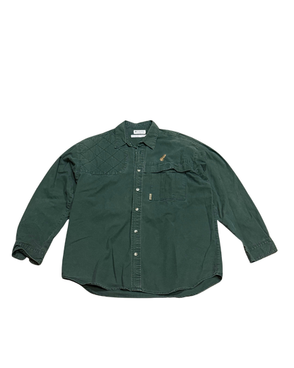 Vintage Columbia sportswear, hunting long sleeve quilted green shirt with small wheat embroidered. -XL