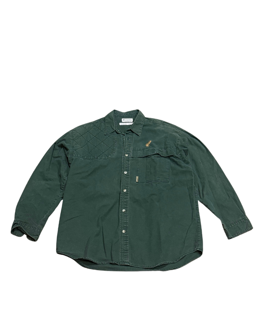 Vintage Columbia sportswear, hunting long sleeve quilted green shirt with small wheat embroidered. -XL