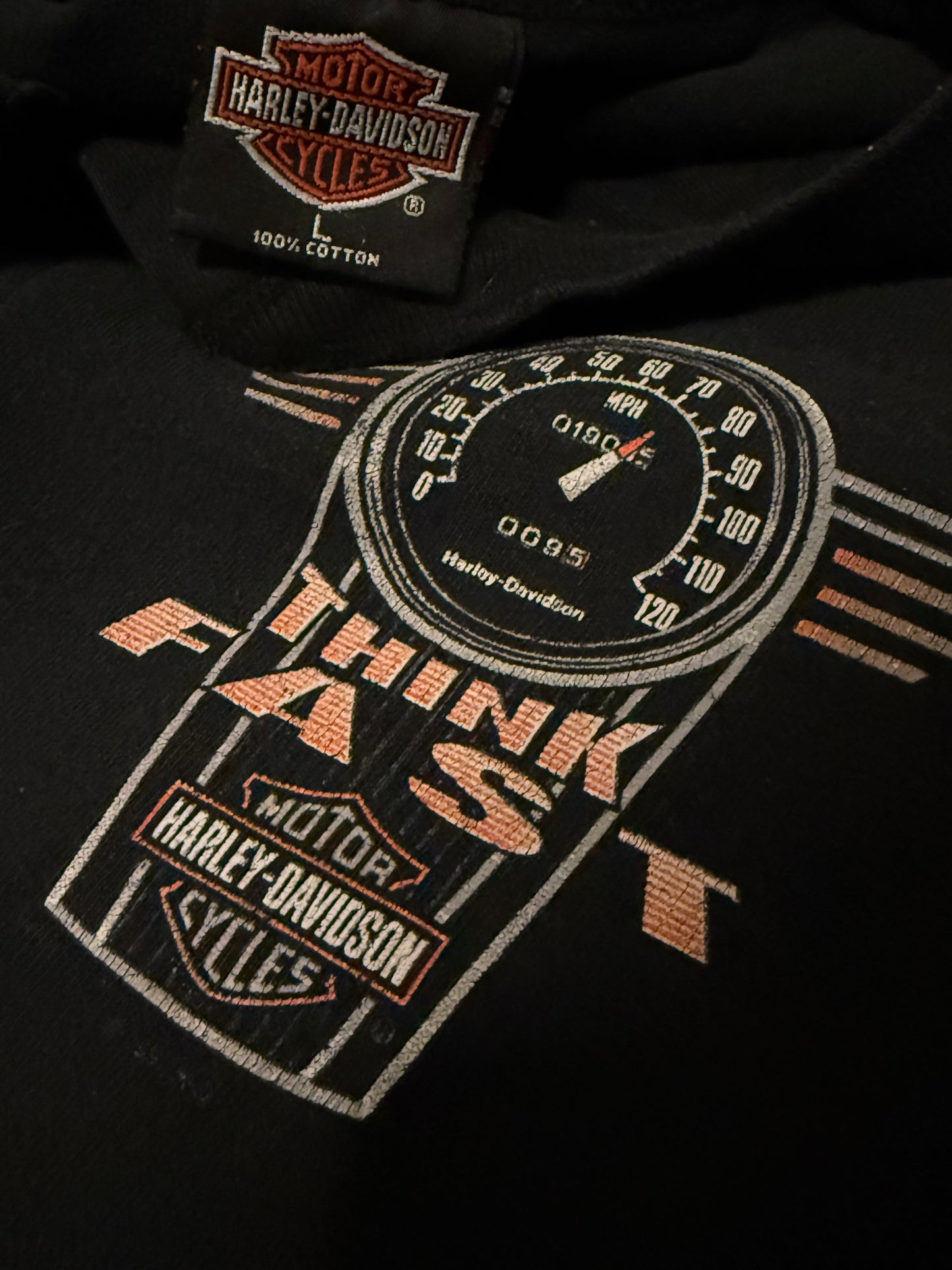 Black Single stitch 90s Harley Davidson RPMS “THINK FAST”- Large