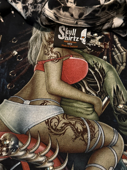 Y2K skull shirtz T, AOP “rhinestone” acid wash pin up girl with angel of death shirt-M