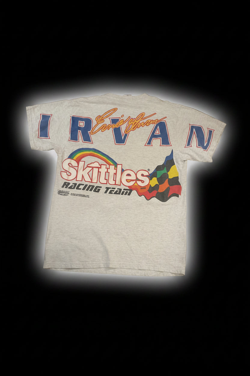 ￼ Vintage 1998 NASCAR Ernie Irvin all over print SKITTLES sponsor SZ-Large