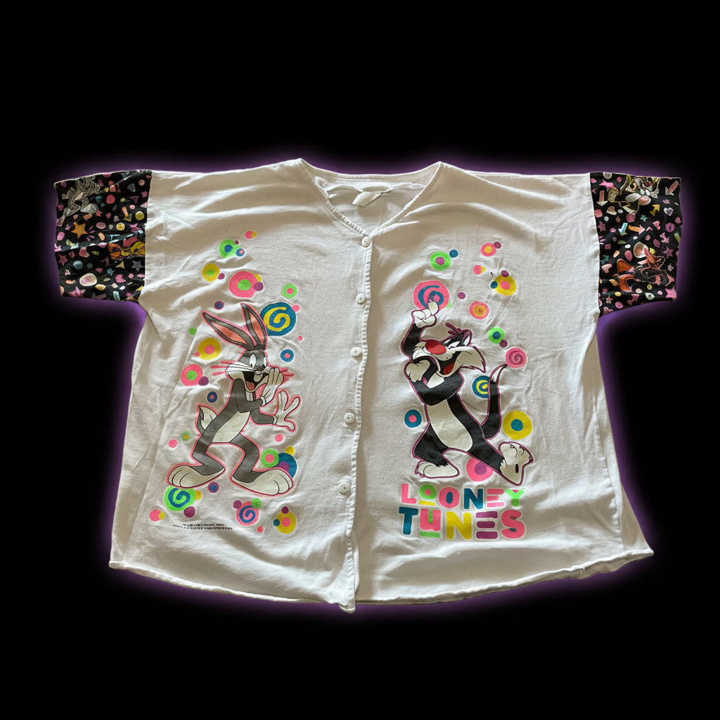 1994 Looney Tunes, Medium baseball 70 style art button up. - MEDIUM
