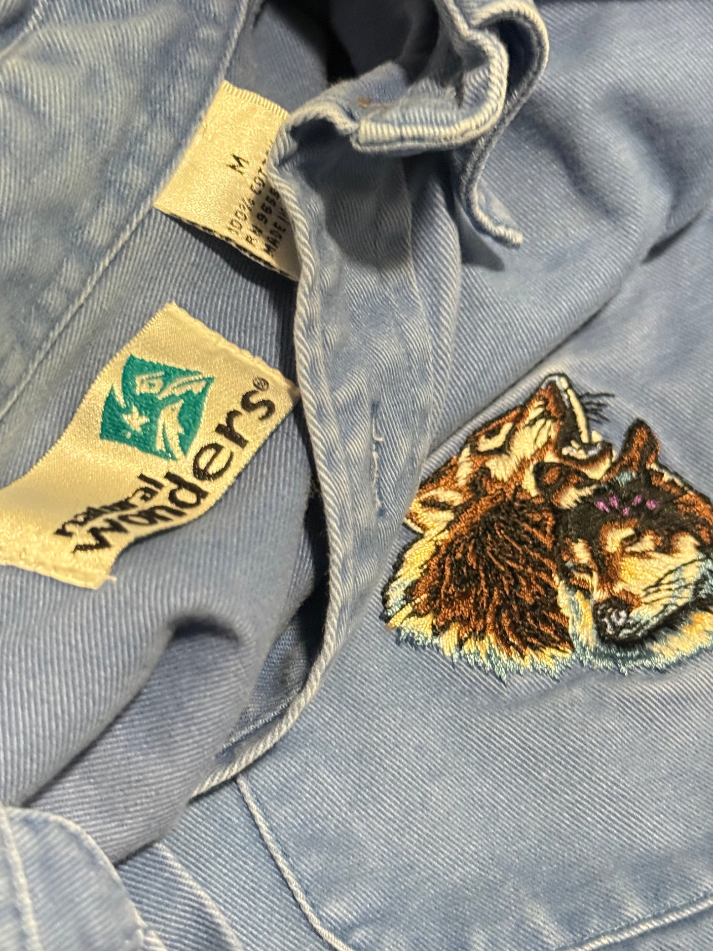 Vintage blue button up nature wolf long sleeve men’s medium