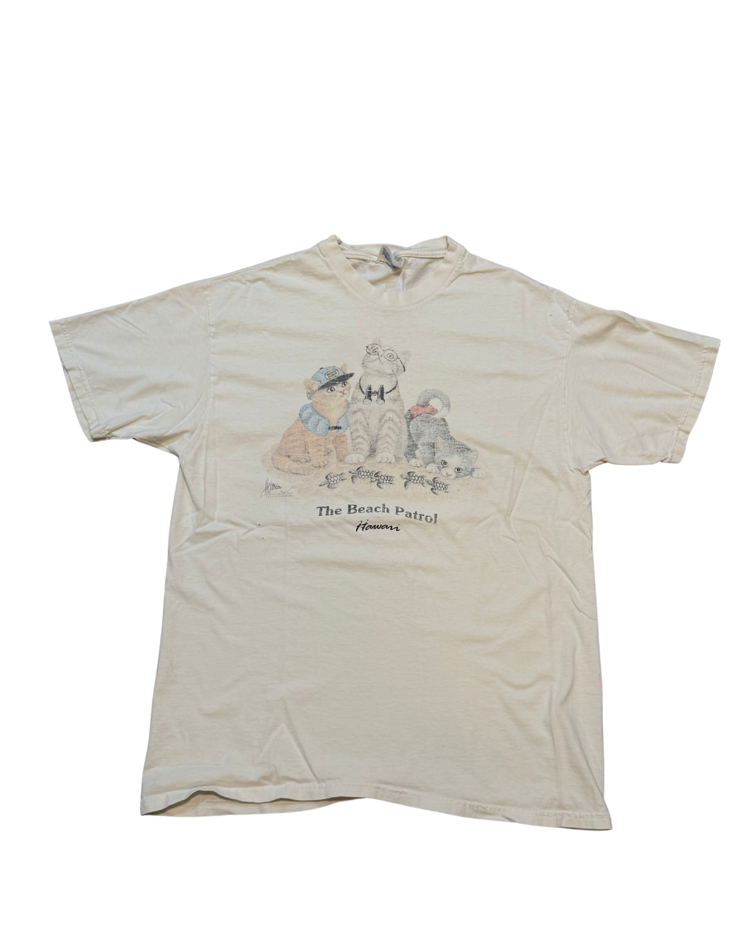 White distressed 90s The Beach Patrol (kitty tee) -L