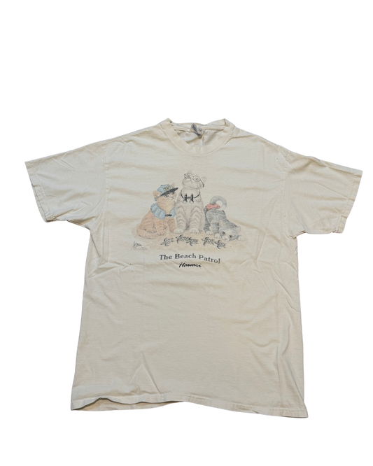 White distressed 90s The Beach Patrol (kitty tee) -L