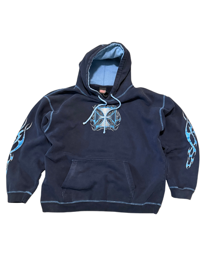 2000s Verbal Assault, navy and baby blue chopper style arm hit hoodie-L