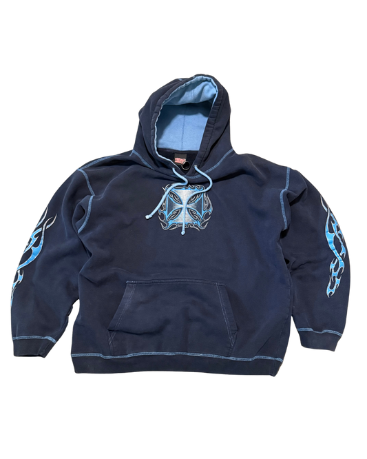 2000s Verbal Assault, navy and baby blue chopper style arm hit hoodie-L