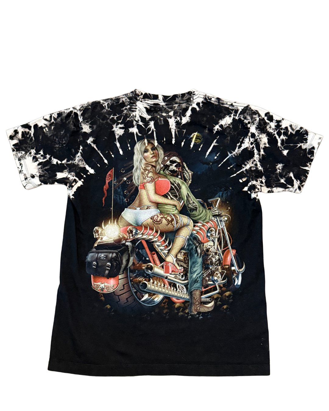 Y2K skull shirtz T, AOP “rhinestone” acid wash pin up girl with angel of death shirt-M