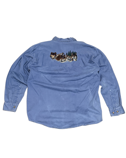 Vintage blue button up nature wolf long sleeve men’s medium