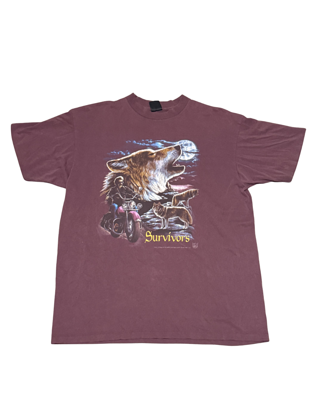 Vintage rare 1989 3D Emblem Survivors Wolf Motorcycle T-Shirt Maroon Men’s XLarge