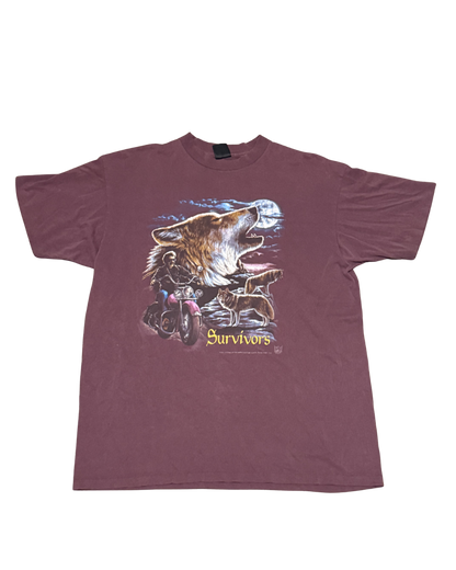 Vintage rare 1989 3D Emblem Survivors Wolf Motorcycle T-Shirt Maroon Men’s XLarge