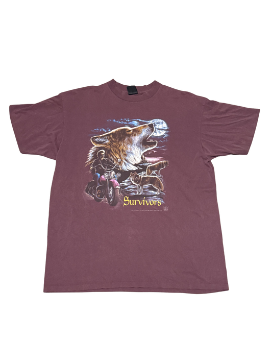 Vintage rare 1989 3D Emblem Survivors Wolf Motorcycle T-Shirt Maroon Men’s XLarge